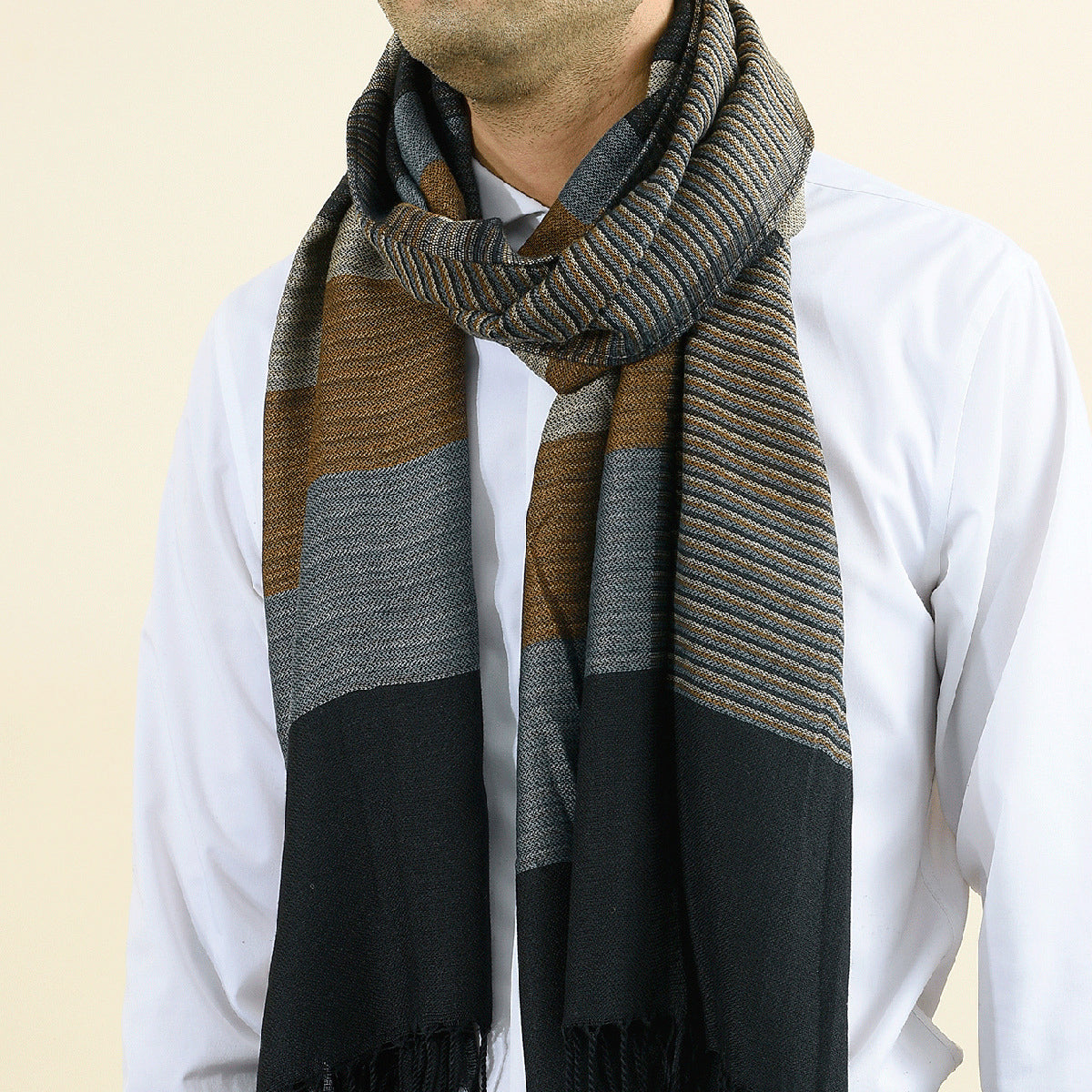 Oakley - Multi-Texture Striped Fringed Scarf