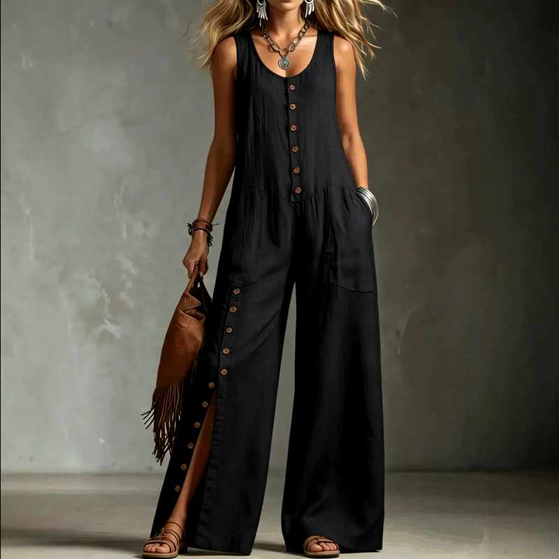 Pauline - Women’s Linen Wide-Leg Button Jumpsuit