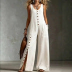 Pauline - Women’s Linen Wide-Leg Button Jumpsuit