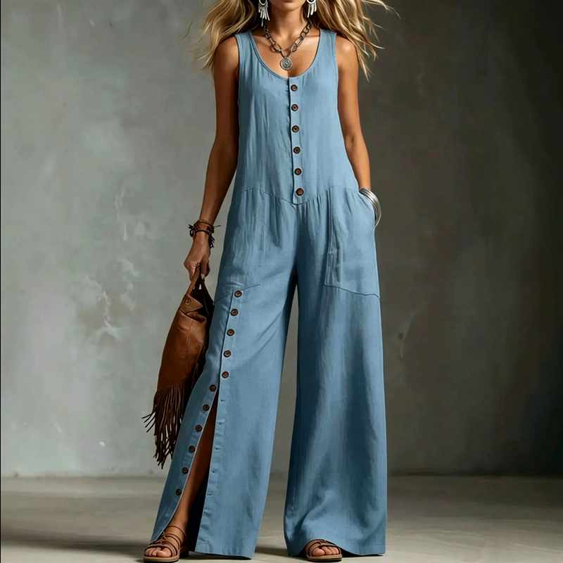 Pauline - Women’s Linen Wide-Leg Button Jumpsuit