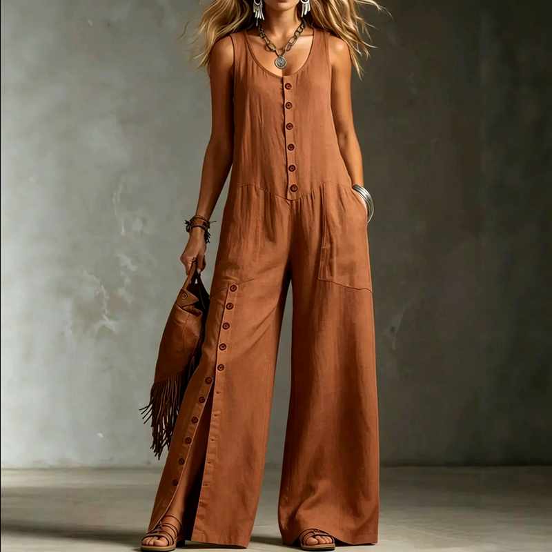 Pauline - Women’s Linen Wide-Leg Button Jumpsuit