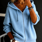 Pearl - Women's Hooded Full-Zip Ribbed Knit Cardigan