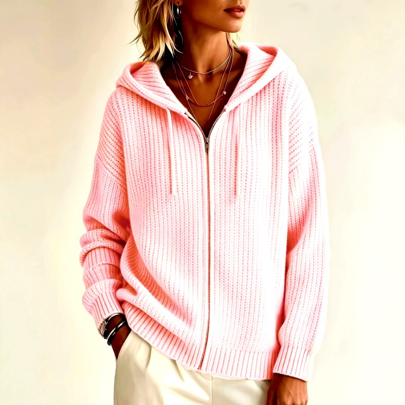 Pearl - Women's Hooded Full-Zip Ribbed Knit Cardigan