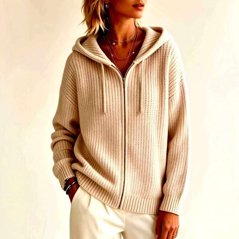 Pearl - Women's Hooded Full-Zip Ribbed Knit Cardigan