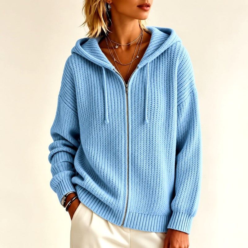 Pearl - Women's Hooded Full-Zip Ribbed Knit Cardigan