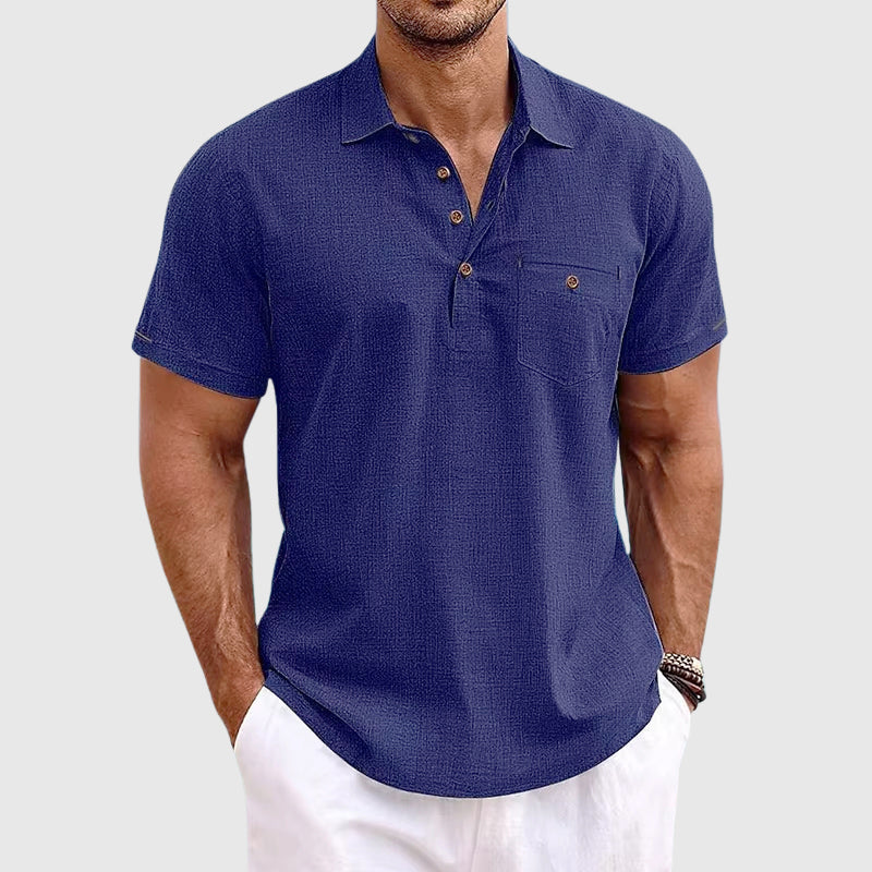 Peter -  Men's Casual Linen Button-Detail Pocket Polo