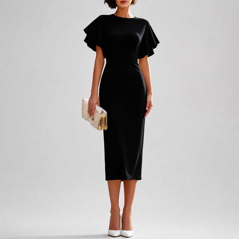 Quinn - Women's Double-Ruffle Sleeve Fitted Midi Dress