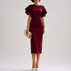 Quinn - Women's Double-Ruffle Sleeve Fitted Midi Dress