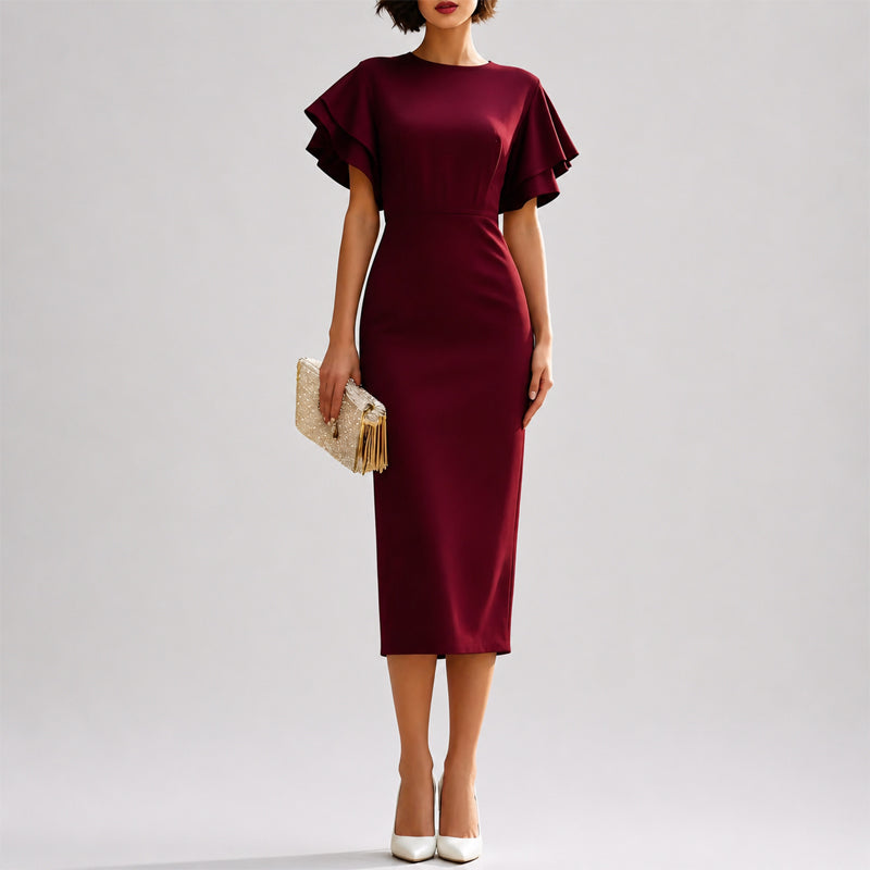 Quinn - Women's Double-Ruffle Sleeve Fitted Midi Dress