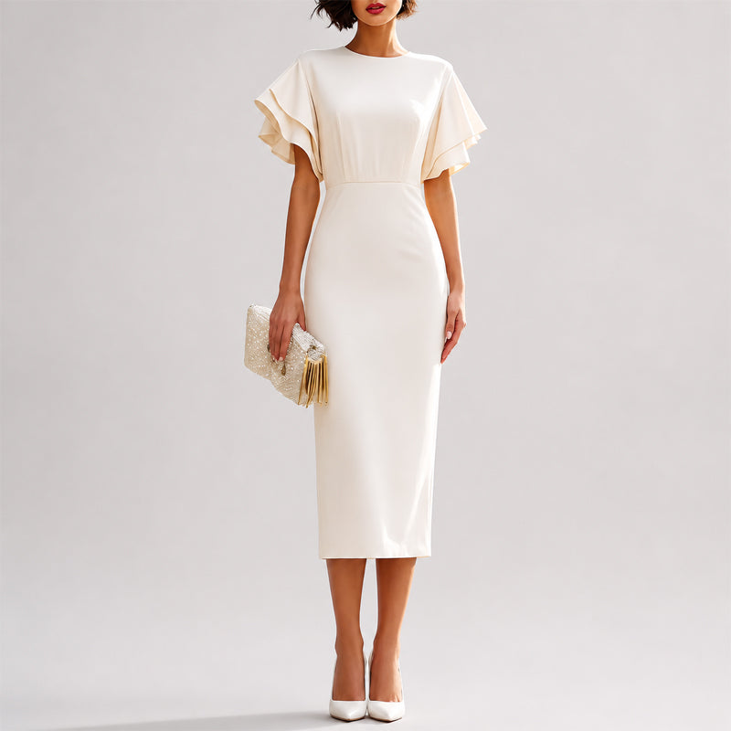Quinn - Women's Double-Ruffle Sleeve Fitted Midi Dress