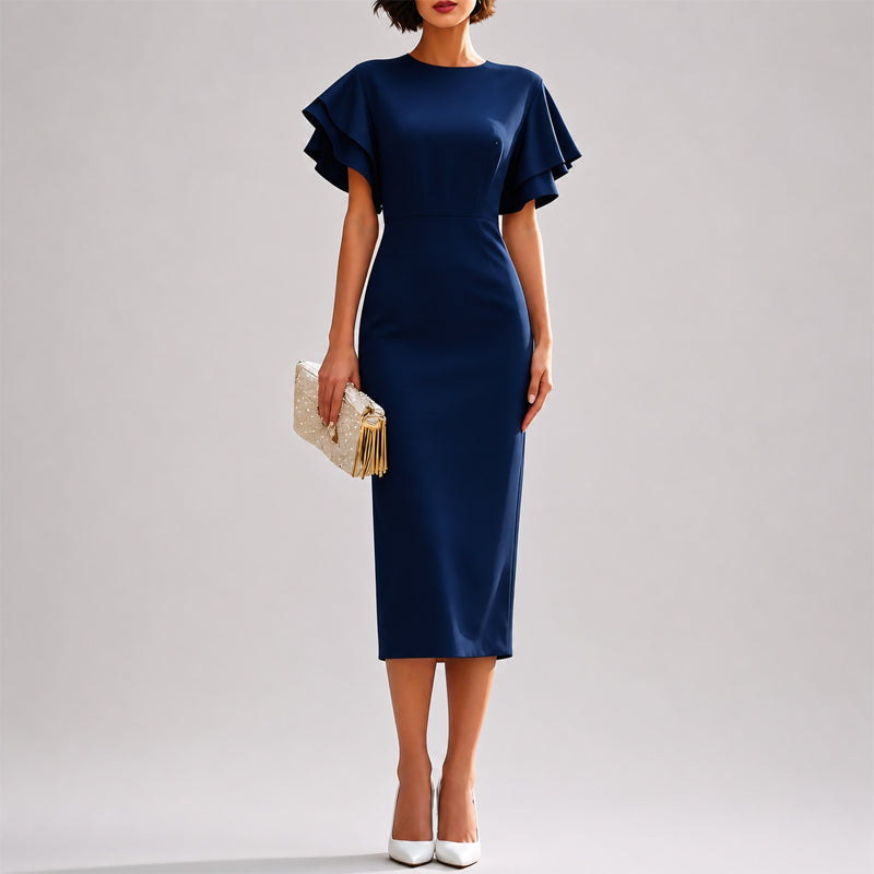 Quinn - Women's Double-Ruffle Sleeve Fitted Midi Dress