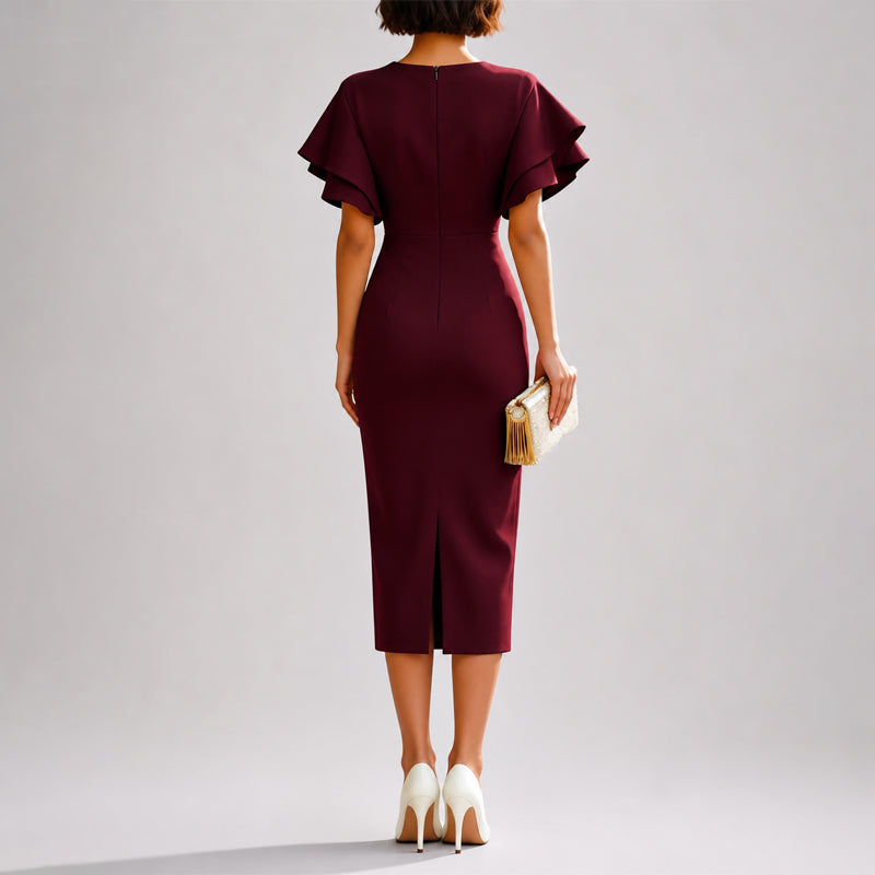 Quinn - Women's Double-Ruffle Sleeve Fitted Midi Dress