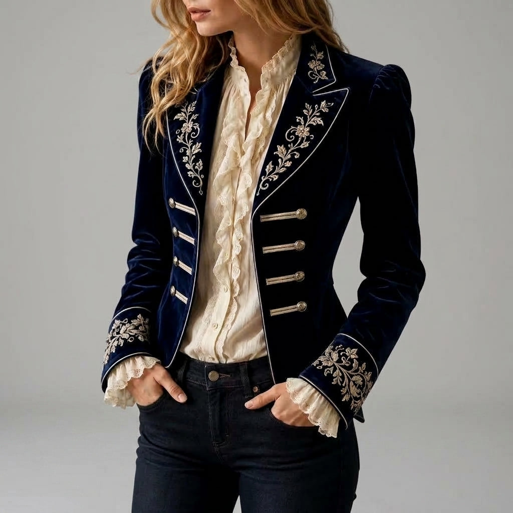 Regina - Women's Floral-Embroidered Velvet Military Jacket
