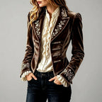 Regina - Women's Floral-Embroidered Velvet Military Jacket