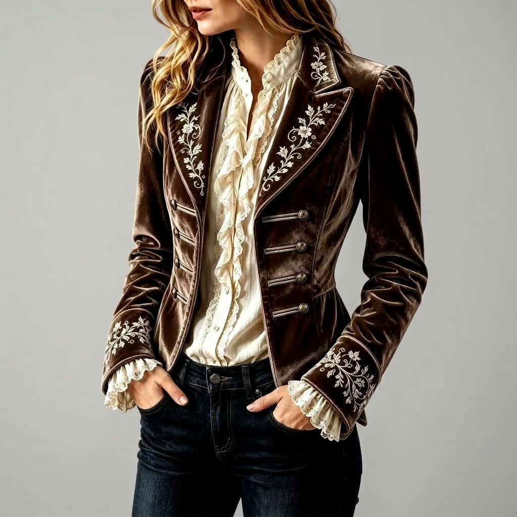 Regina - Women's Floral-Embroidered Velvet Military Jacket