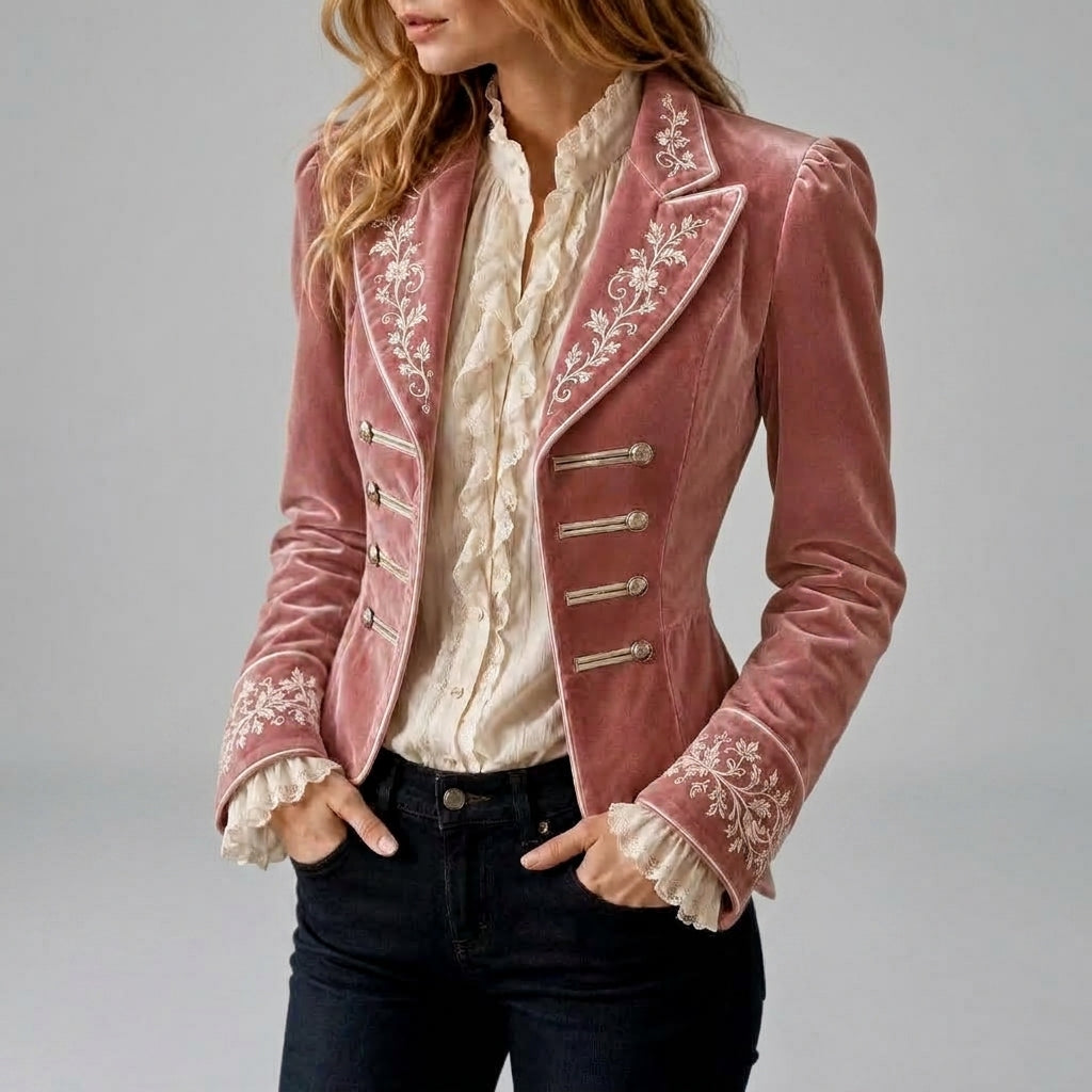 Regina - Women's Floral-Embroidered Velvet Military Jacket
