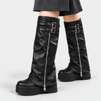 Reyna - Women's Leather-Look Knee-High Boots with Double Buckles