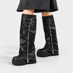 Reyna - Women's Leather-Look Knee-High Boots with Double Buckles