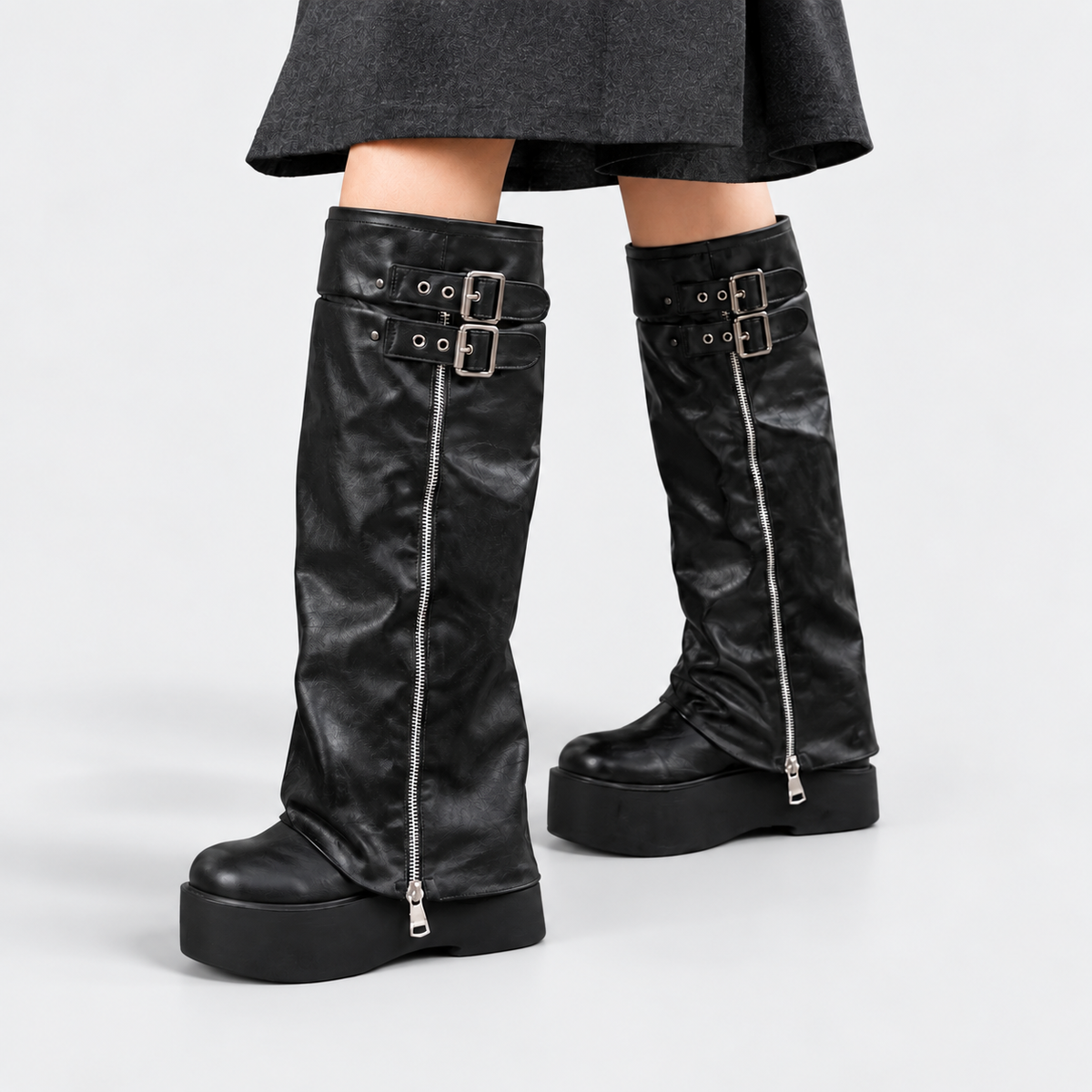 Reyna - Women's Leather-Look Knee-High Boots with Double Buckles