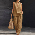 Rose - Women's Halter Linen Top & Wide-Leg Pants Set