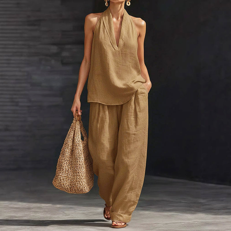 Rose - Women's Halter Linen Top & Wide-Leg Pants Set