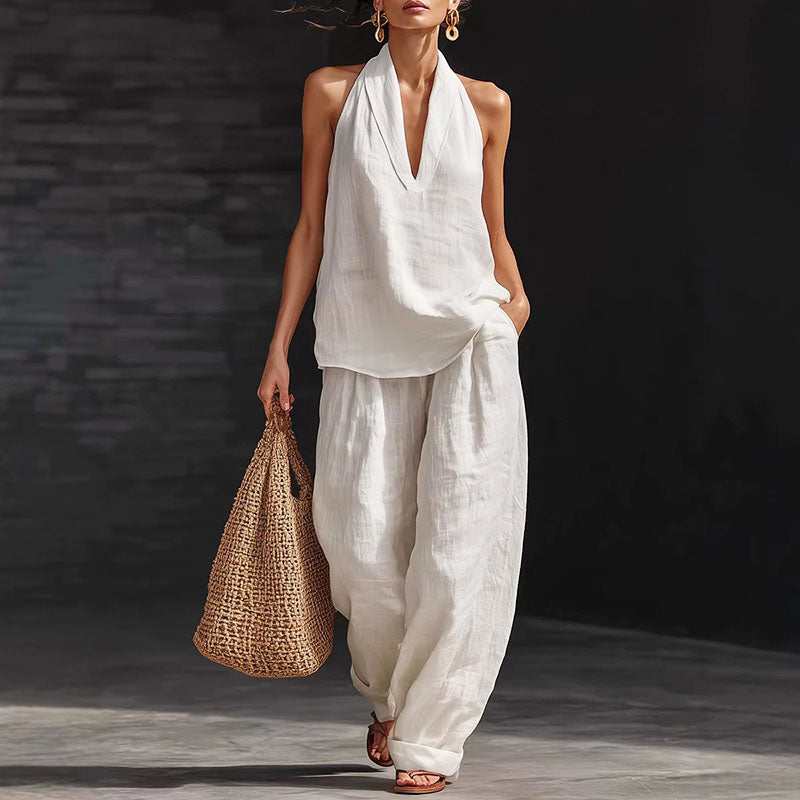 Rose - Women's Halter Linen Top & Wide-Leg Pants Set
