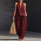 Rose - Women's Halter Linen Top & Wide-Leg Pants Set