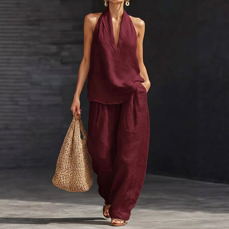 Rose - Women's Halter Linen Top & Wide-Leg Pants Set