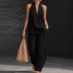 Rose - Women's Halter Linen Top & Wide-Leg Pants Set