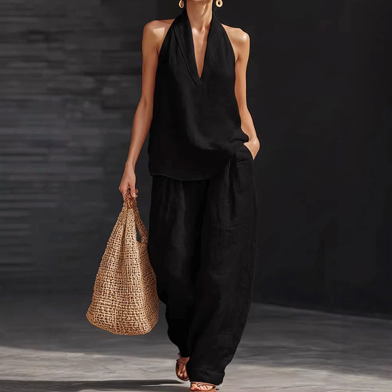 Rose - Women's Halter Linen Top & Wide-Leg Pants Set
