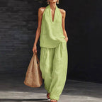 Rose - Women's Halter Linen Top & Wide-Leg Pants Set