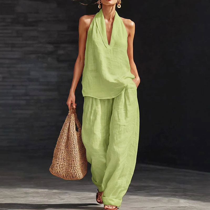 Rose - Women's Halter Linen Top & Wide-Leg Pants Set