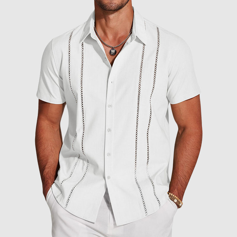 Roy - Men’s Linen Cutout Stripe Button-Up Shirt