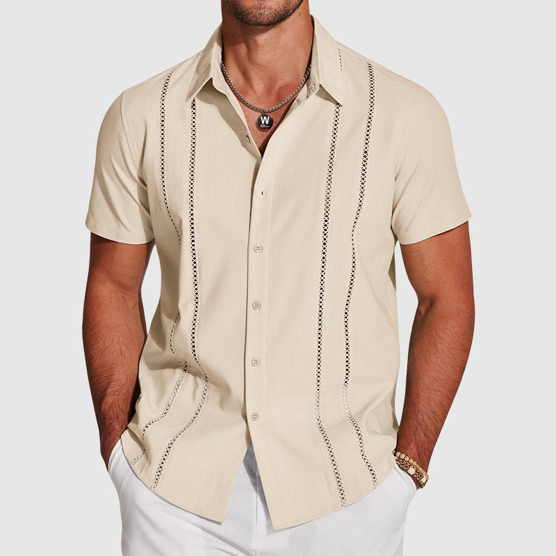 Roy - Men’s Linen Cutout Stripe Button-Up Shirt