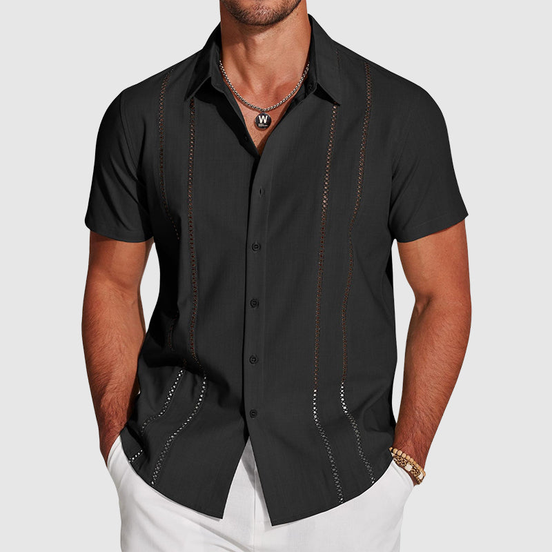 Roy - Men’s Linen Cutout Stripe Button-Up Shirt