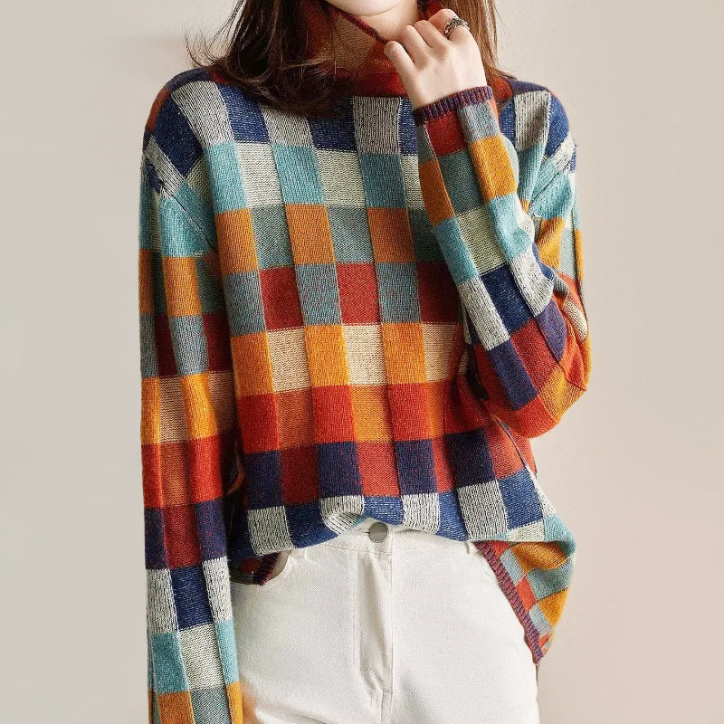 Ruby - Women's Patchwork Knit Turtleneck Sweater
