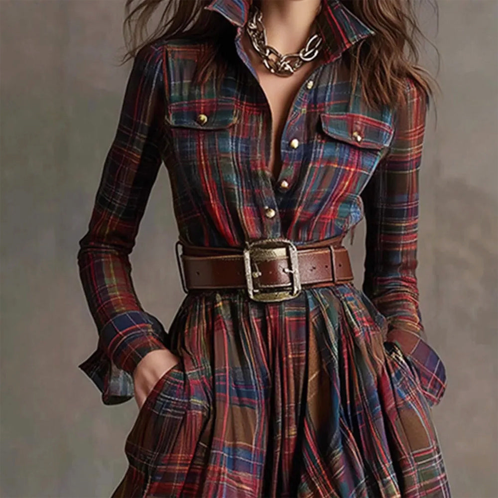 Samantha - Women's Plaid Button-Down Shirt Dress