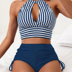 Sarah - Women's Striped Halter High-Waist Bikini Set
