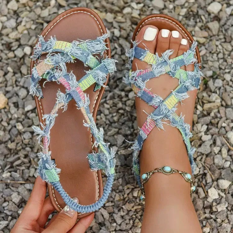Selena - Women's Boho Frayed Jean Multi-Strap Sandals