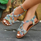 Selena - Women's Boho Frayed Jean Multi-Strap Sandals
