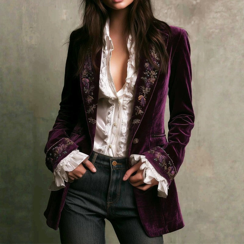 Sylvia - Women's Vintage Velvet Floral Embroidered Blazer