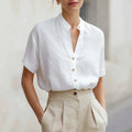 Tara - Women's Band Collar Short Sleeve Button Blouse
