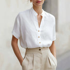 Tara - Women's Band Collar Short Sleeve Button Blouse