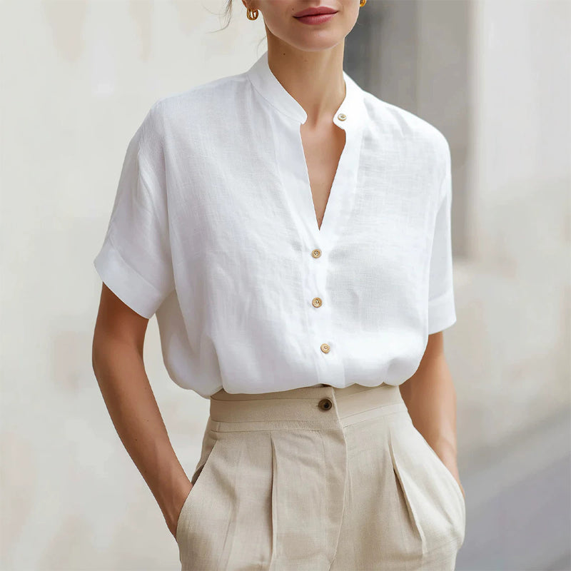 Tara - Women's Band Collar Short Sleeve Button Blouse
