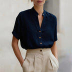 Tara - Women's Band Collar Short Sleeve Button Blouse
