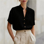 Tara - Women's Band Collar Short Sleeve Button Blouse