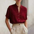 Tara - Women's Band Collar Short Sleeve Button Blouse