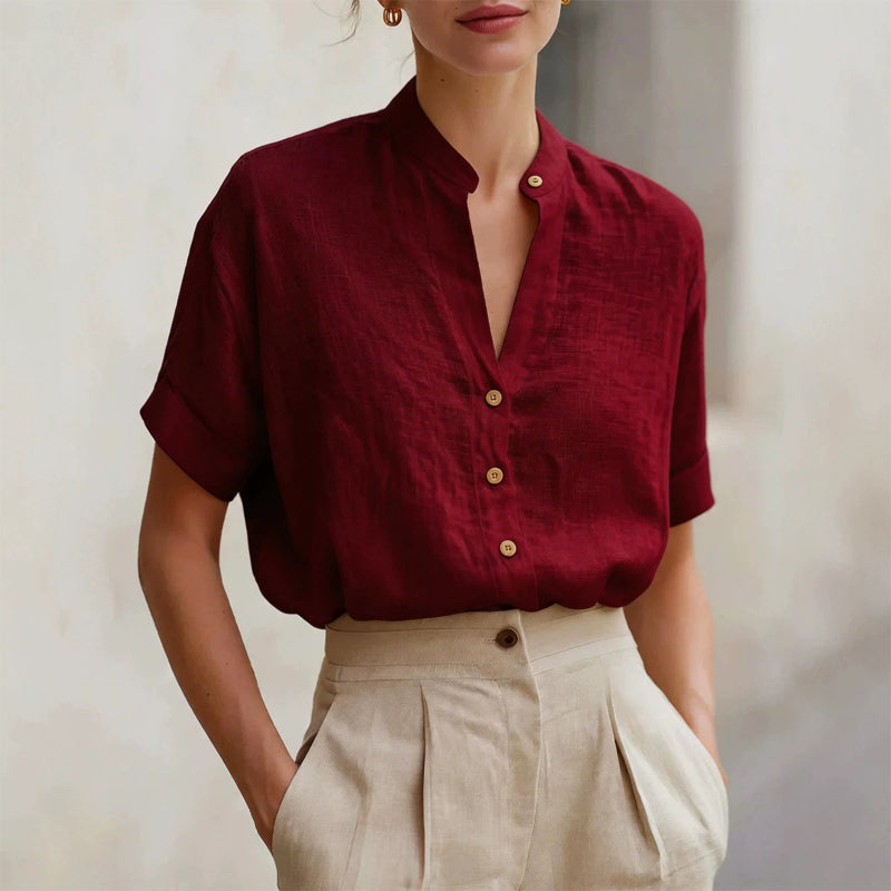 Tara - Women's Band Collar Short Sleeve Button Blouse