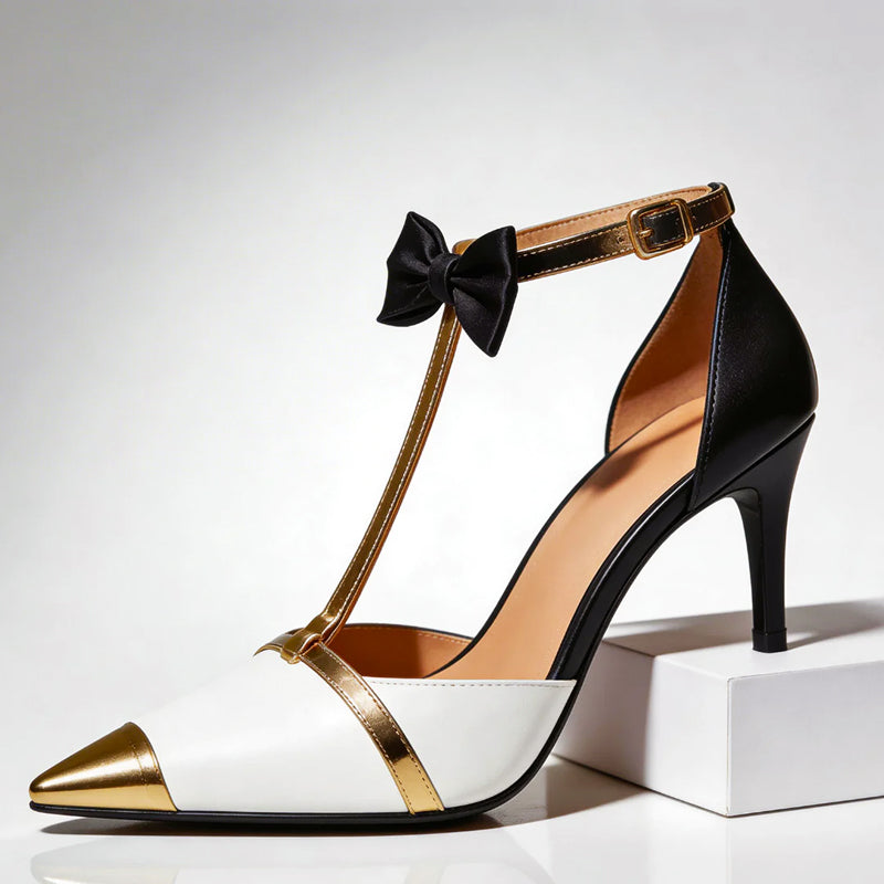 Thea - Women's Ankle-Strap Bow Detailed Pointed Toe Heels