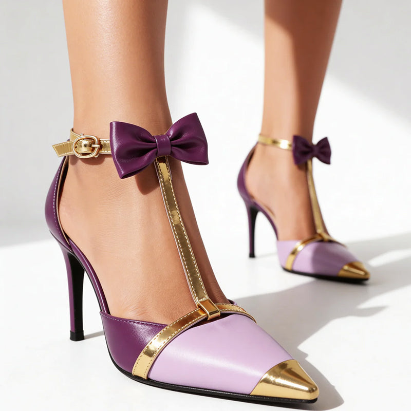 Thea - Women's Ankle-Strap Bow Detailed Pointed Toe Heels
